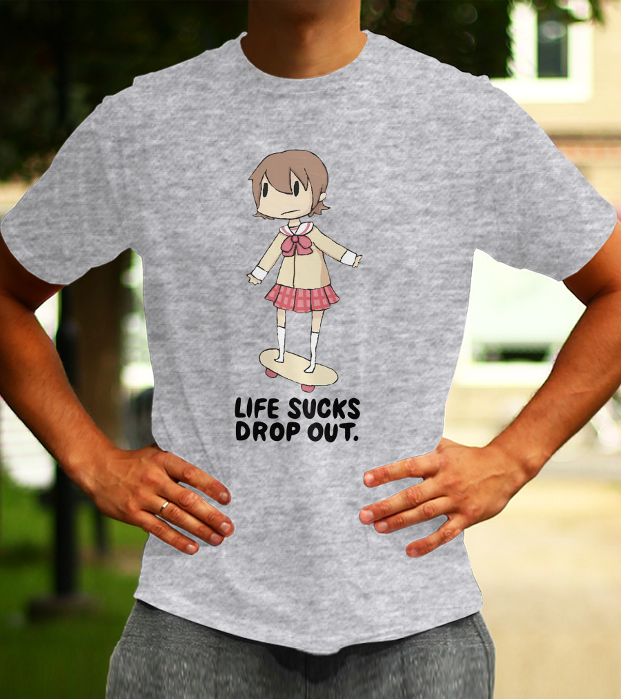 Life Sucks Drop Out Anime Style Character On Skateboard T-Shirt