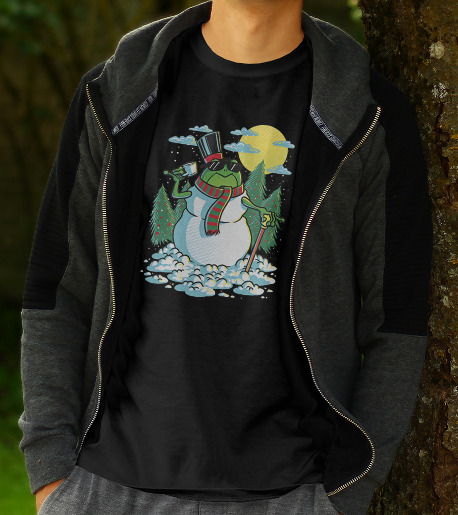 BoomerNA Merch BoomerNA Snowfrog Frog Snowman Christmas Tree Top Hat Cane T-Shirt