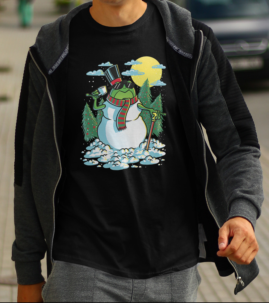 BoomerNA Merch BoomerNA Snowfrog Frog Snowman Christmas Tree Top Hat Cane T-Shirt