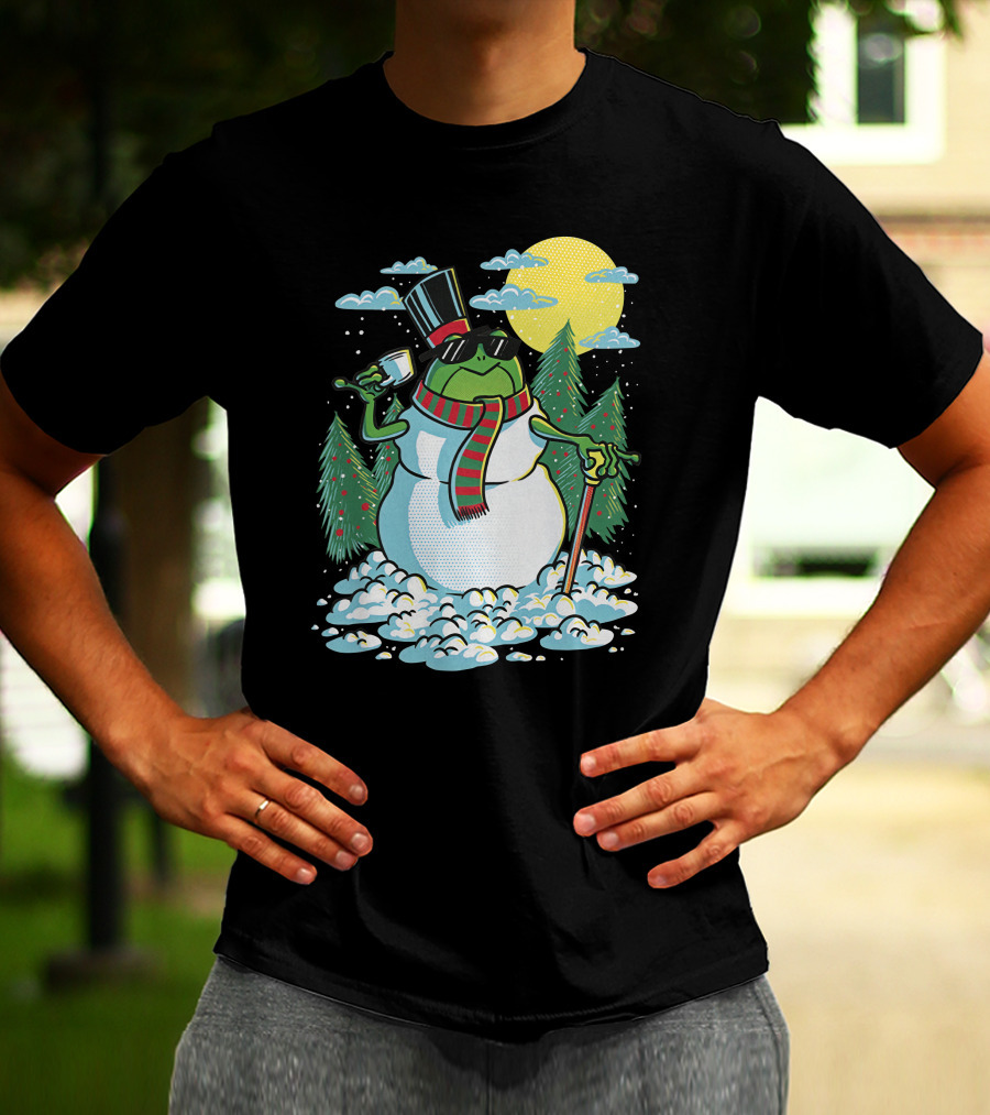 BoomerNA Merch BoomerNA Snowfrog Frog Snowman Christmas Tree Top Hat Cane T-Shirt