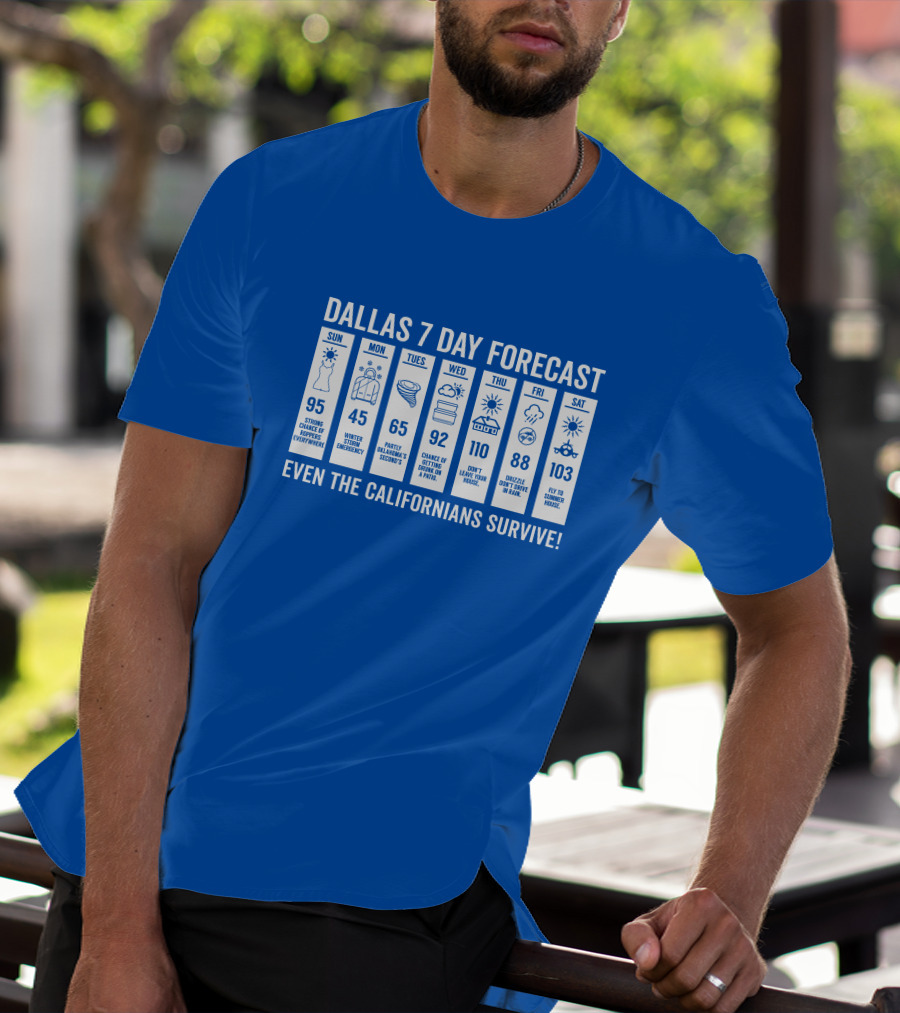 Dallas 7 Day Forecast Weather Parody Even The Californians Survive Bullzerk Merch T-Shirt