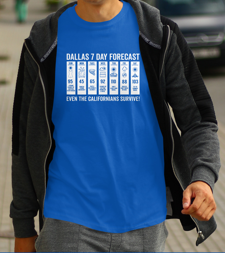 Dallas 7 Day Forecast Weather Parody Even The Californians Survive Bullzerk Merch T-Shirt