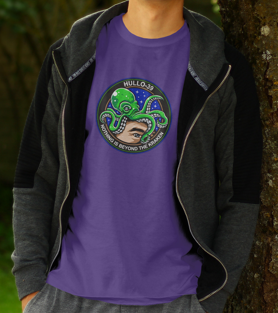 Hullo-39 Nothing Is Beyond The Kraken Green Octopus Starry Sky Badge T-Shirt