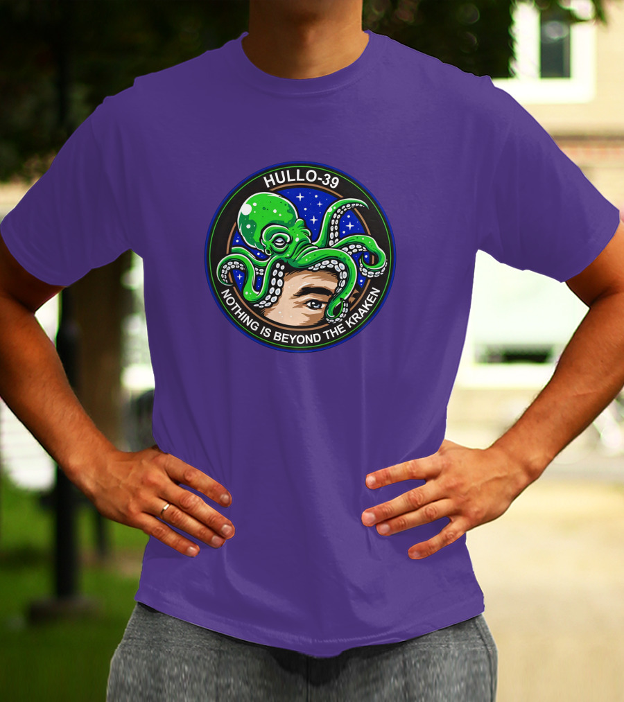 Hullo-39 Nothing Is Beyond The Kraken Green Octopus Starry Sky Badge T-Shirt