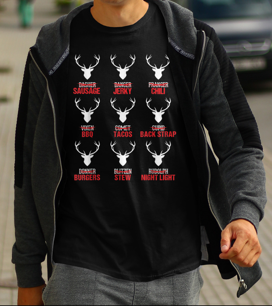 Christmas Reindeer Sausage Jerky Chili BBQ Tacos Back Strap Burgers Stew Night Light T-Shirt