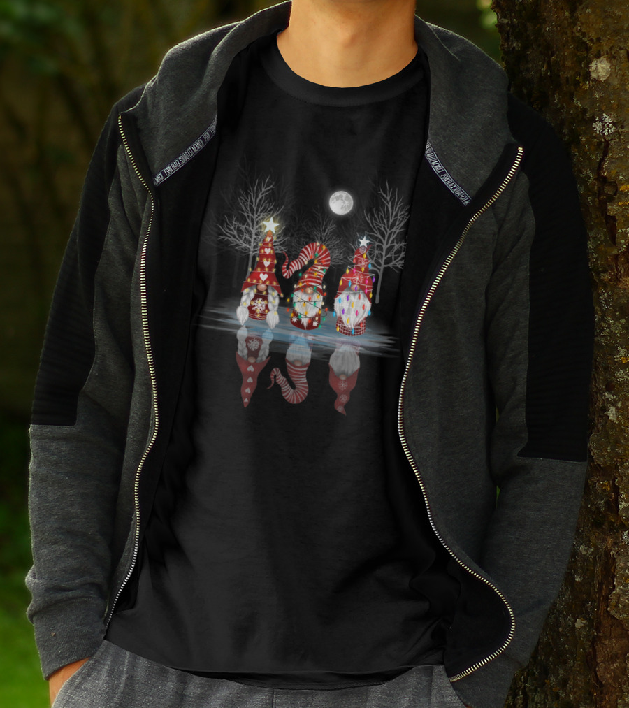 Cool Three Nordic Gnomes Reflection Nordic Winter Night Scenic T-Shirt