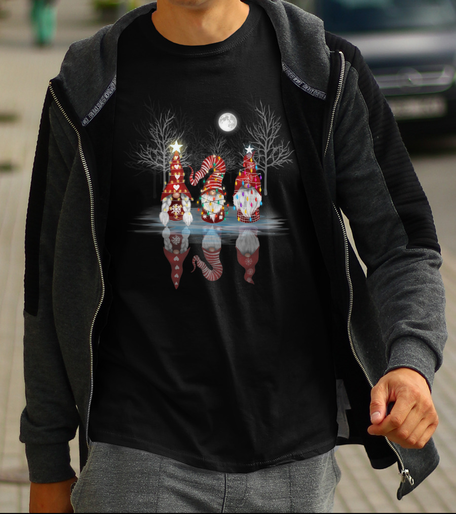 Cool Three Nordic Gnomes Reflection Nordic Winter Night Scenic T-Shirt