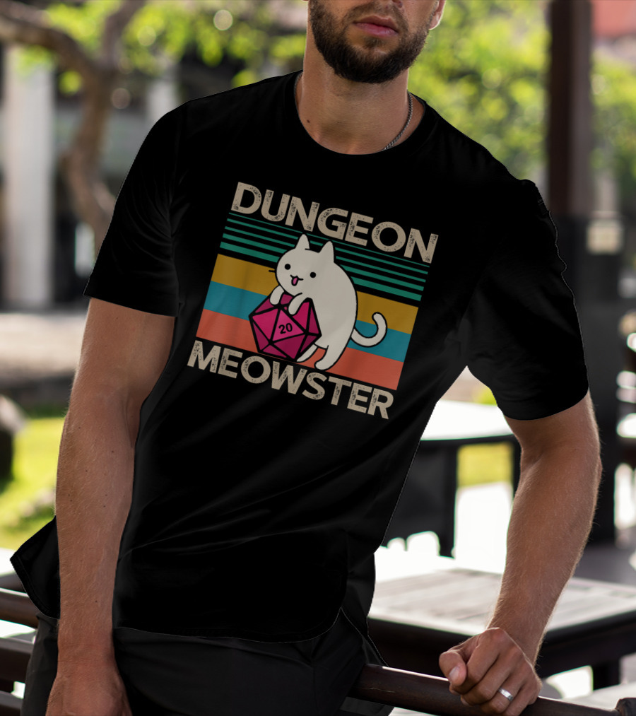 Dungeon Meowster Nerdy Gamer Cat D20 RPG Retro Stripes T-Shirt