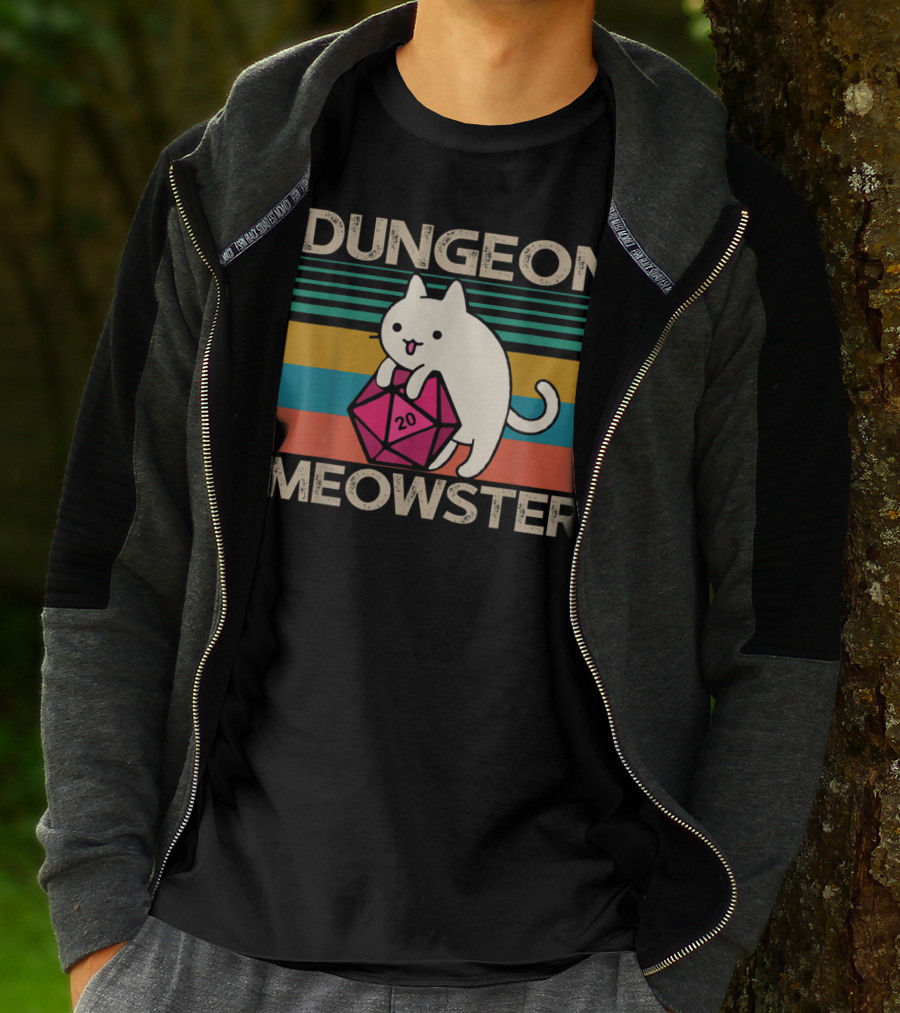 Dungeon Meowster Nerdy Gamer Cat D20 RPG Retro Stripes T-Shirt