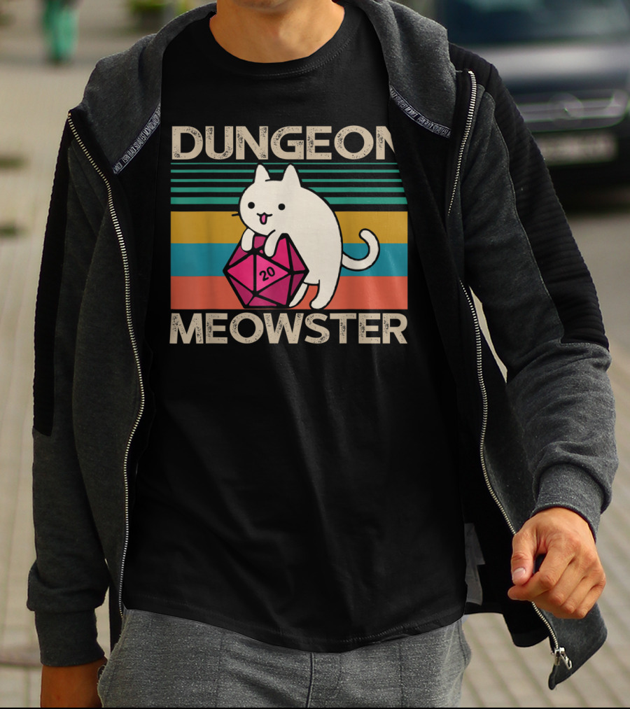 Dungeon Meowster Nerdy Gamer Cat D20 RPG Retro Stripes T-Shirt