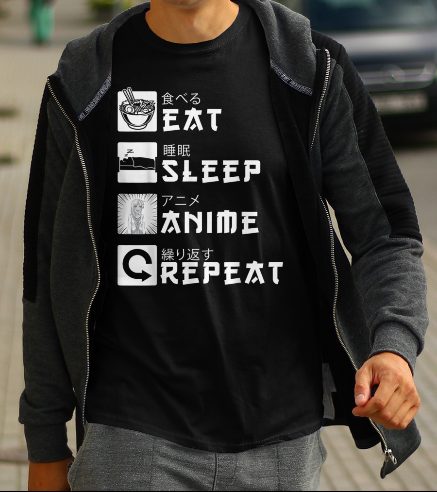 Eat Sleep Anime Repeat Japanese Manga Cosplay Bowl Zzzz Girl Arrows T-Shirt