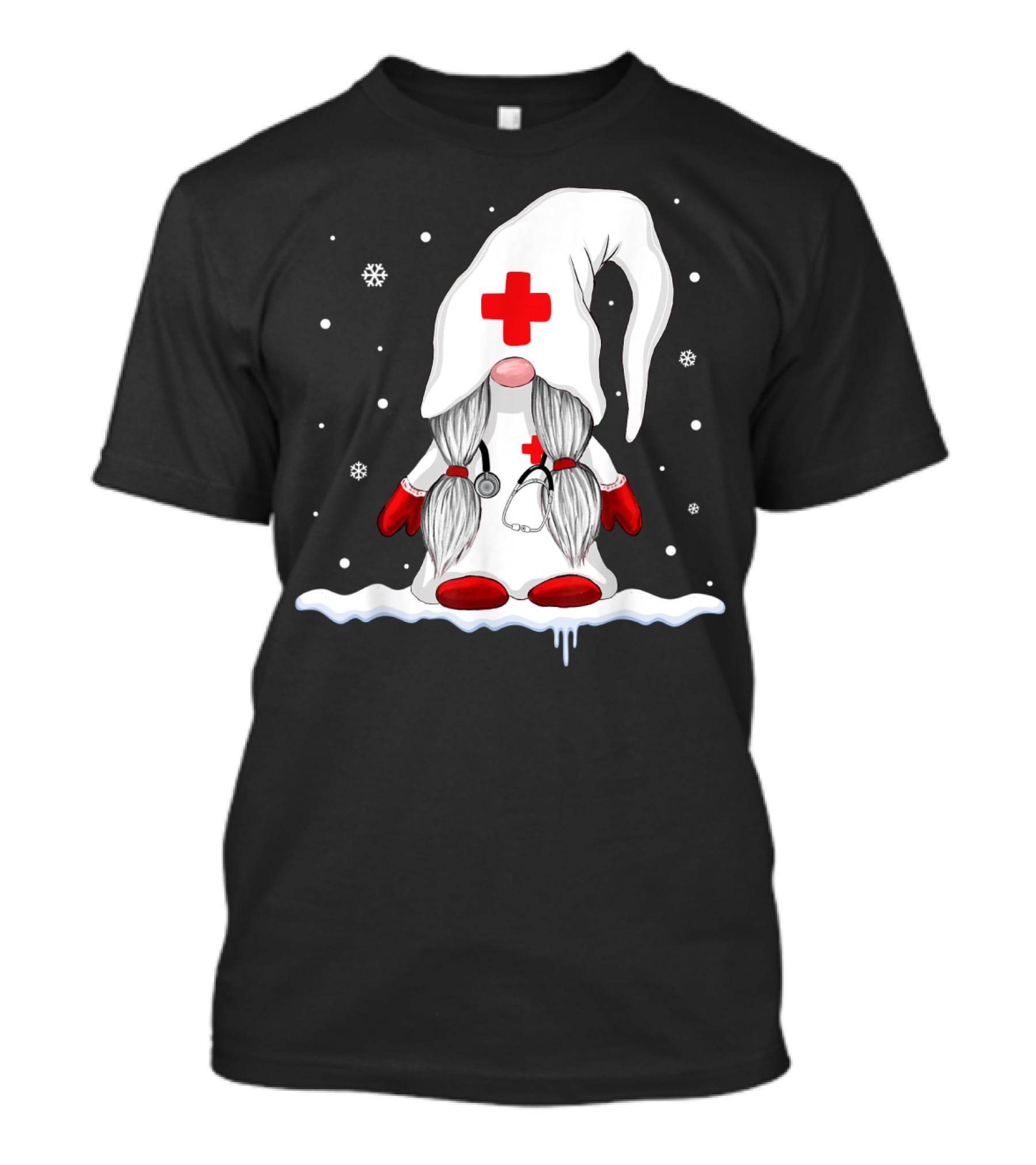 Gnome Nurse With Stethoscope And Red Cross Winter Scene T-Shirt