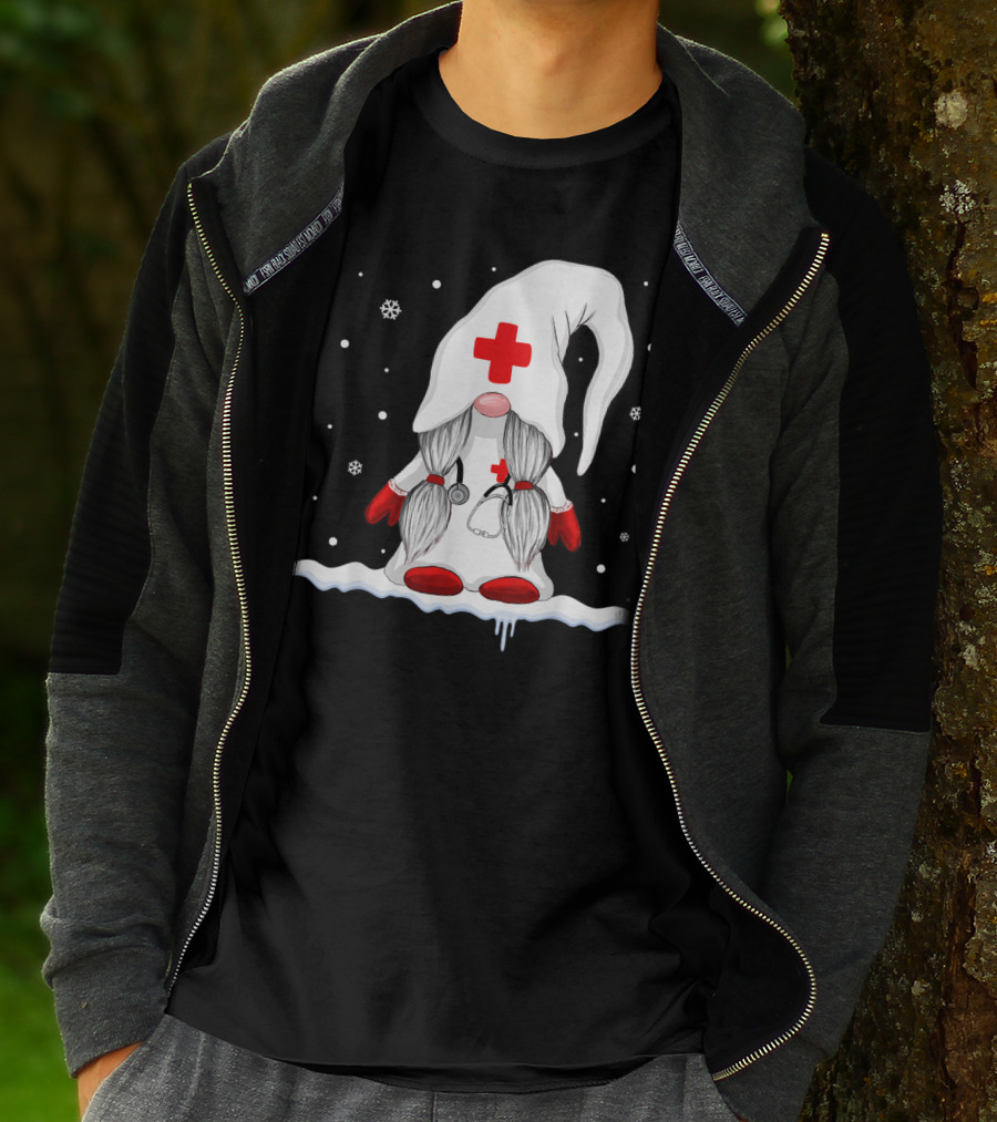 Gnome Nurse With Stethoscope And Red Cross Winter Scene T-Shirt