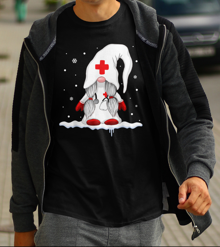 Gnome Nurse With Stethoscope And Red Cross Winter Scene T-Shirt