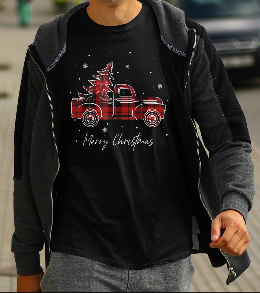 Merry Christmas Buffalo Plaid Red Truck Christmas Tree T-Shirt