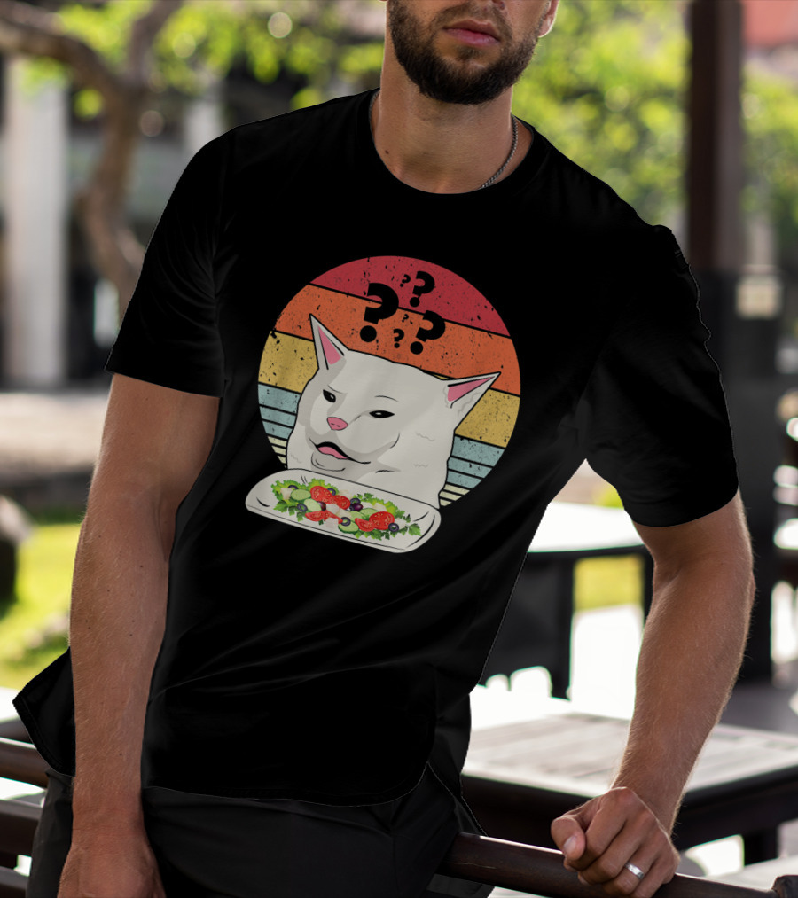 Cat Meme Confused Expression With Salad And Retro Color Stripes T-Shirt