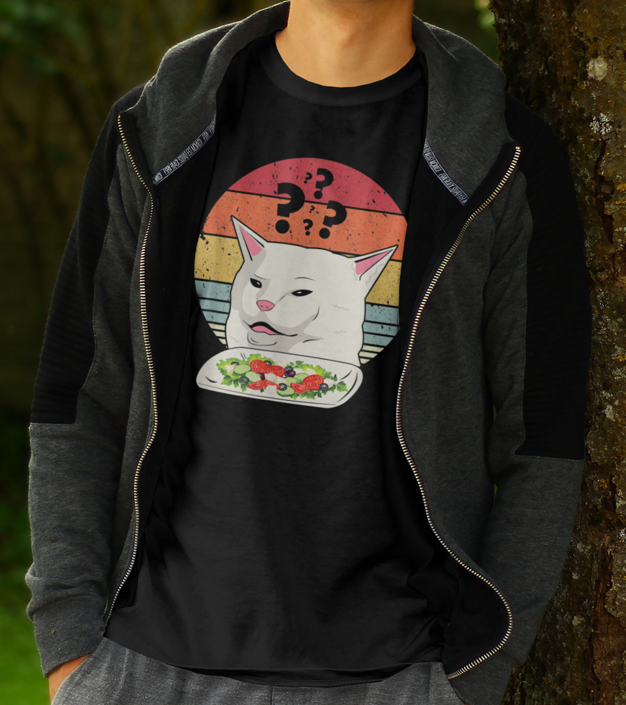 Cat Meme Confused Expression With Salad And Retro Color Stripes T-Shirt