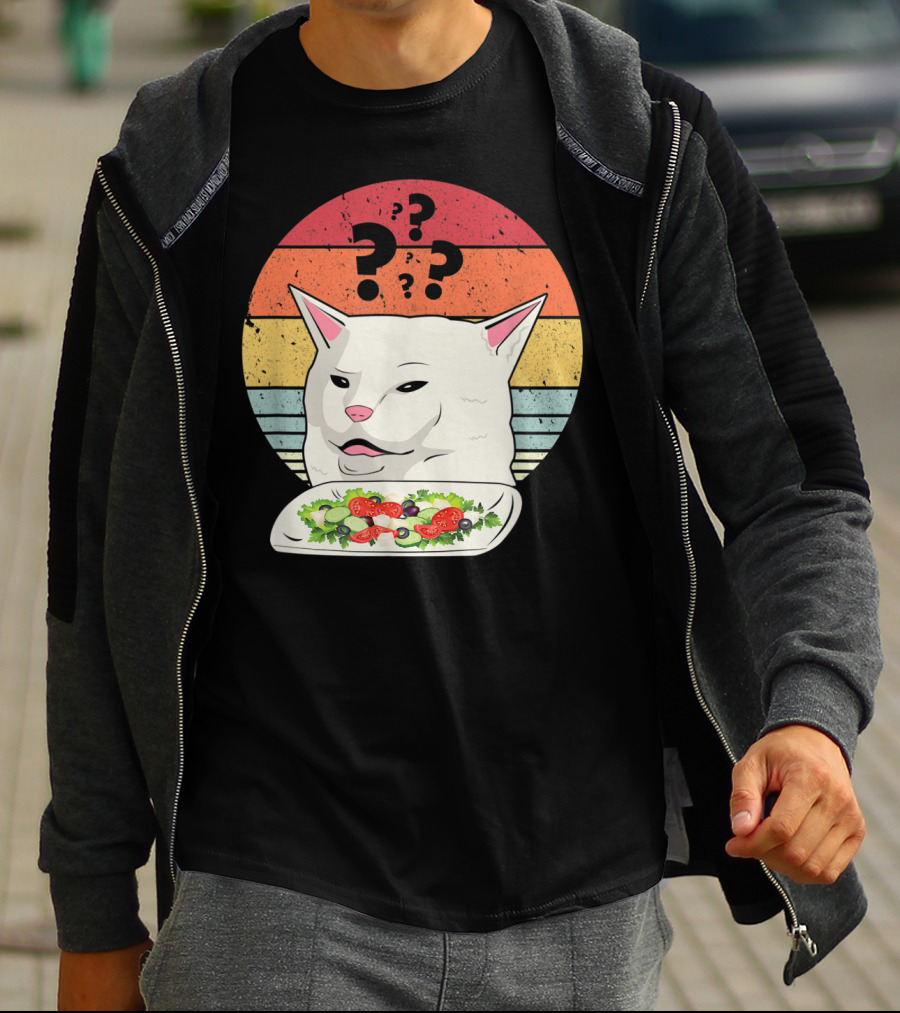Cat Meme Confused Expression With Salad And Retro Color Stripes T-Shirt