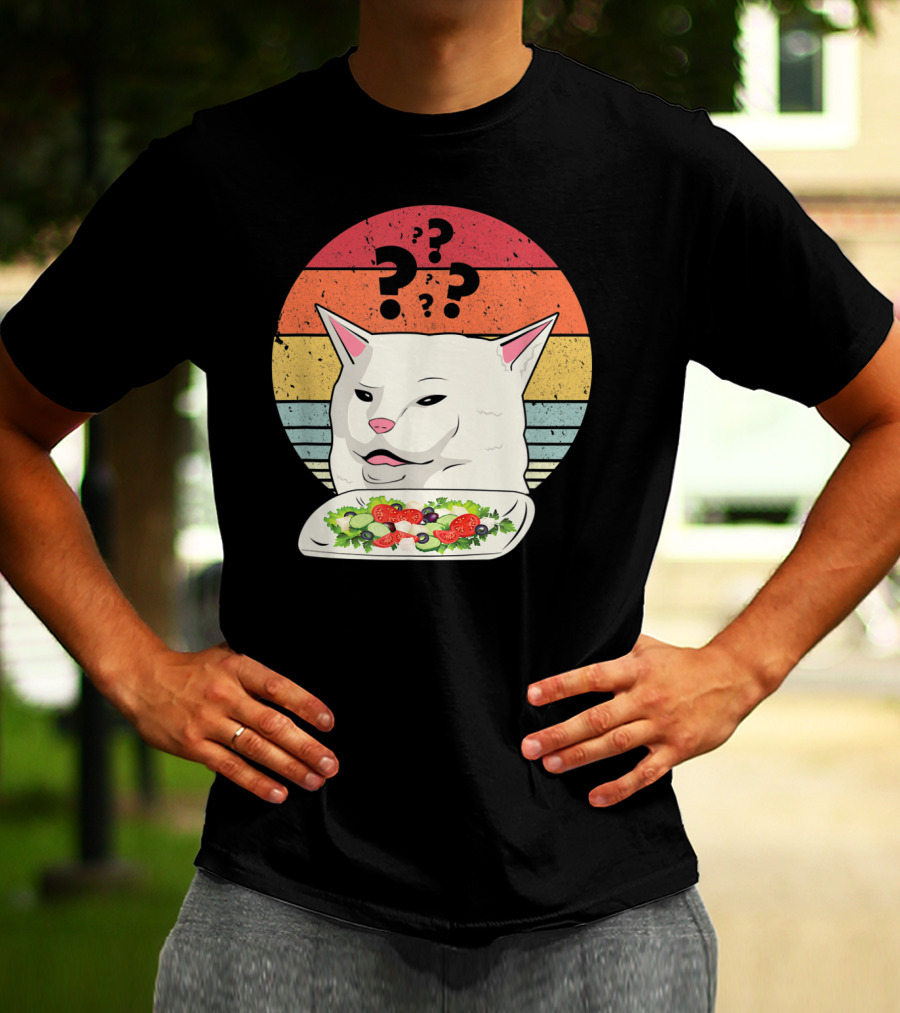 Cat Meme Confused Expression With Salad And Retro Color Stripes T-Shirt