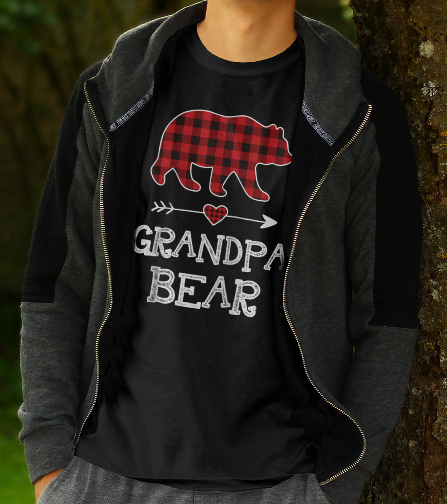 Grandpa Bear Christmas Red Plaid Buffalo Raglan Baseball T-Shirt