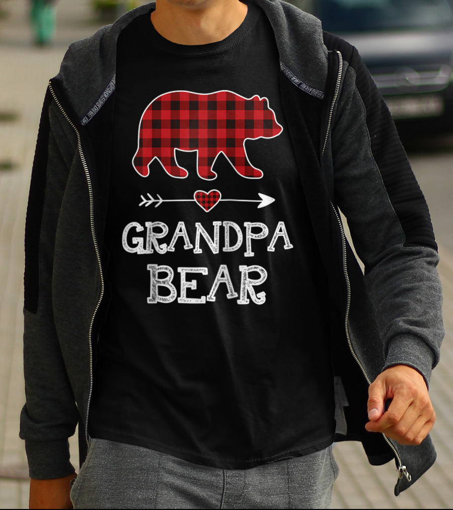 Grandpa Bear Christmas Red Plaid Buffalo Raglan Baseball T-Shirt