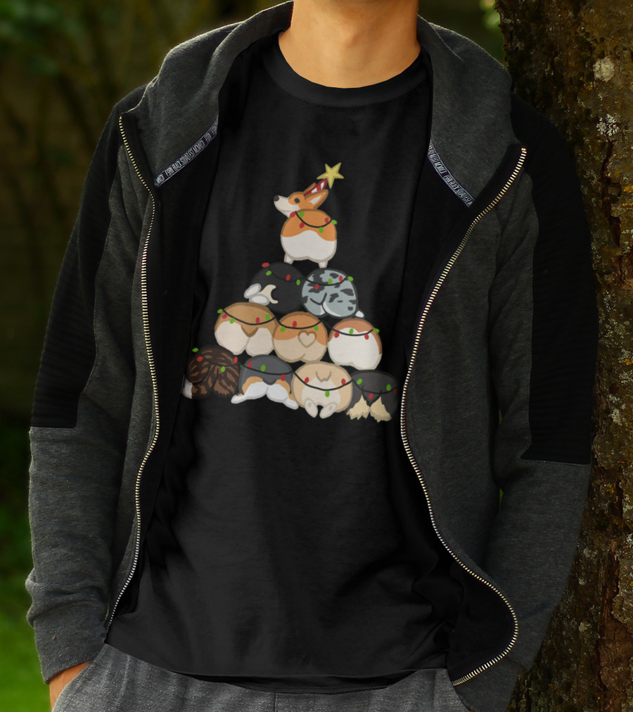 Corgi Butt Christmas Tree With Festive Lights And Star Topper T-Shirt