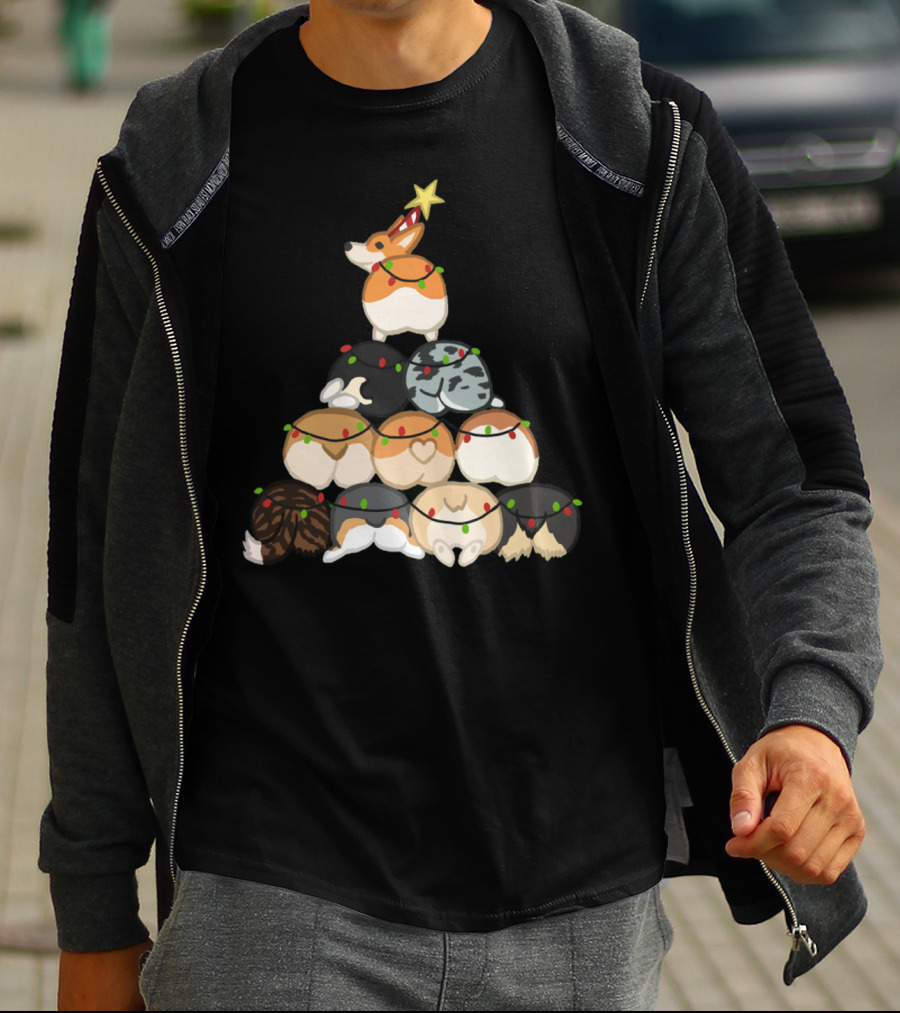 Corgi Butt Christmas Tree With Festive Lights And Star Topper T-Shirt