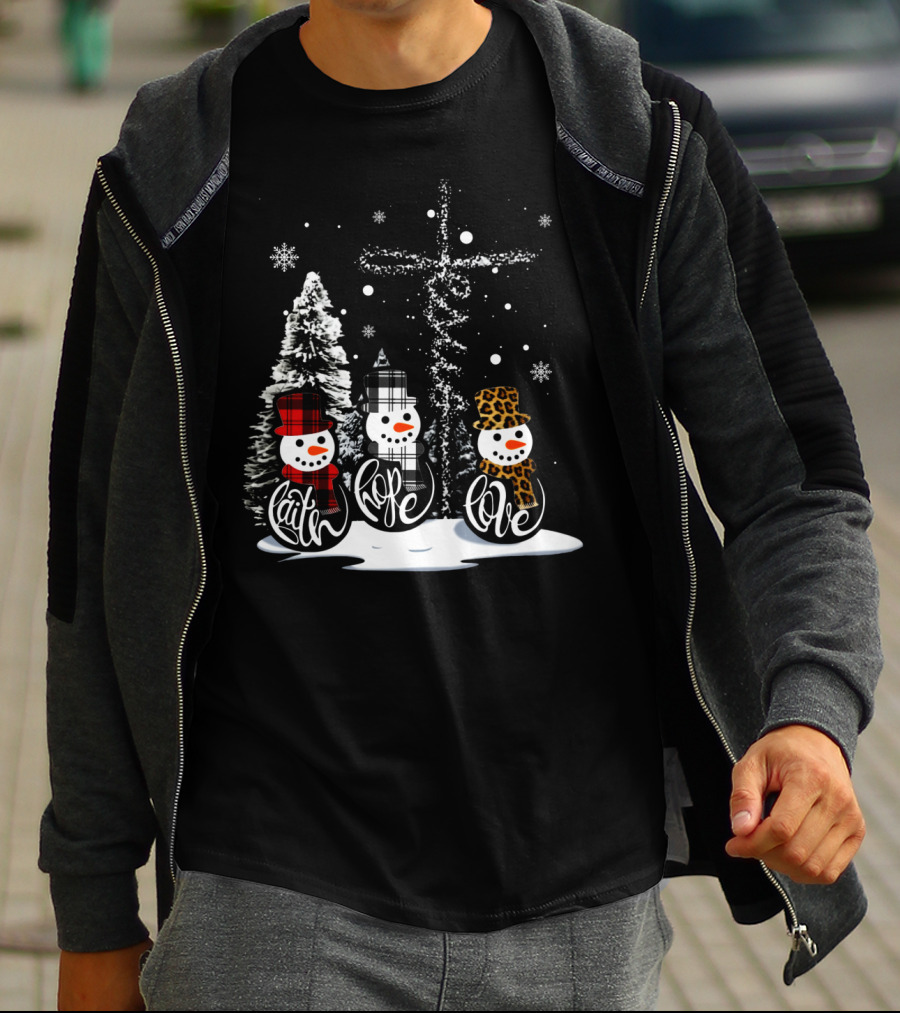 Faith Hope Love Snowmen Jesus Christmas Leopard Plaid T-Shirt