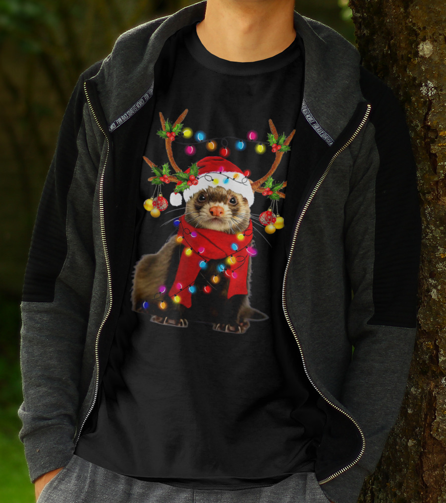 Ferret Santa Reindeer Christmas Lights T-Shirt