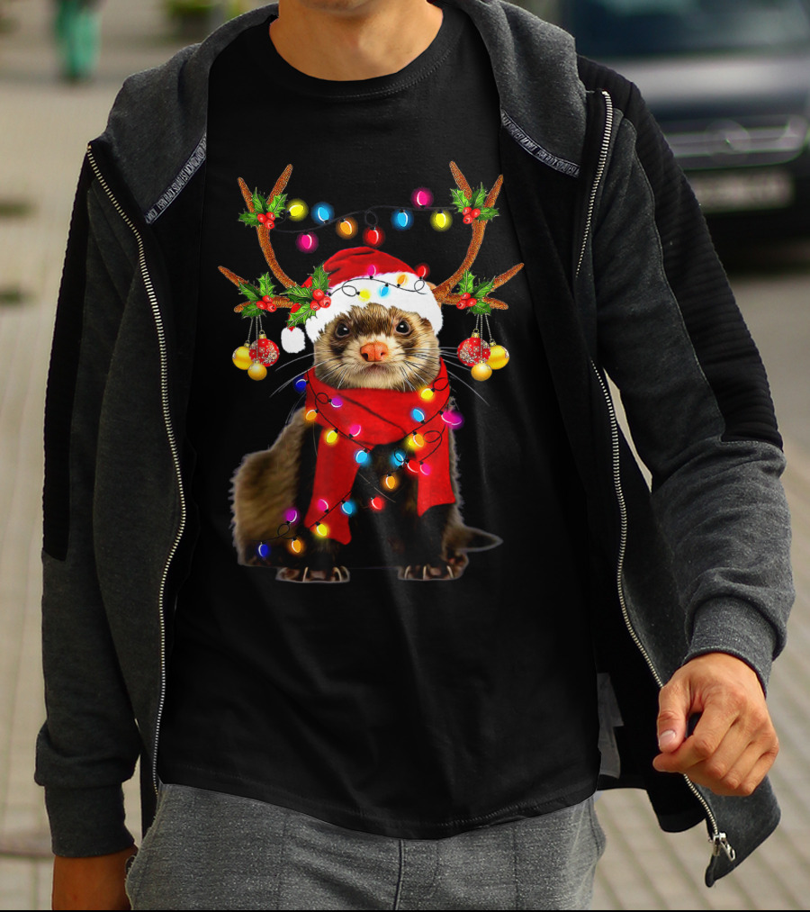 Ferret Santa Reindeer Christmas Lights T-Shirt