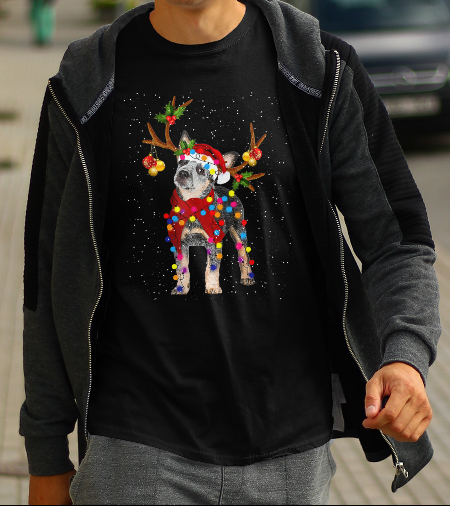 Heeler Dog In Santa Hat With Reindeer Antlers Christmas Lights Snowflakes T-Shirt