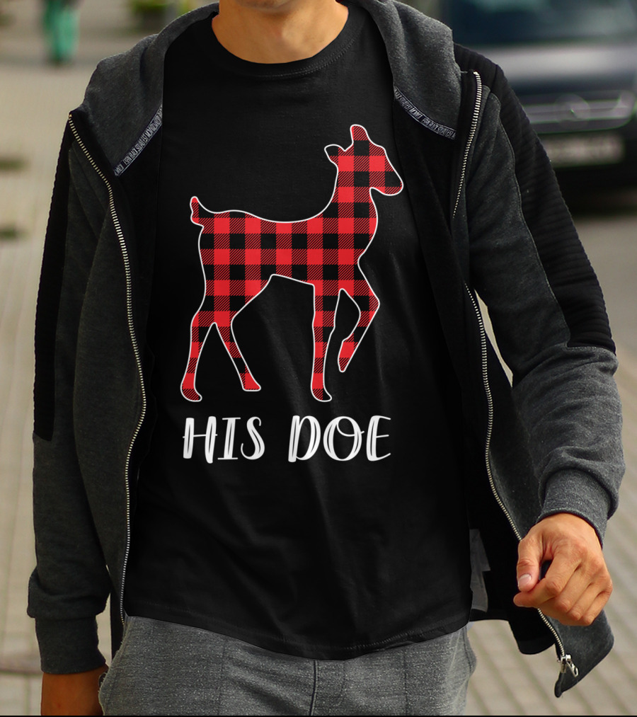 His Doe Red Plaid Buffalo Check Pattern Deer T-Shirt