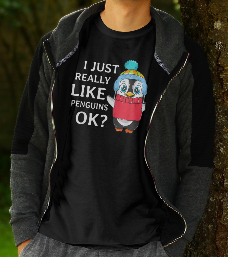 I Just Really Like Penguins Ok Cute Penguin In Winter Hat And Scarf T-Shirt