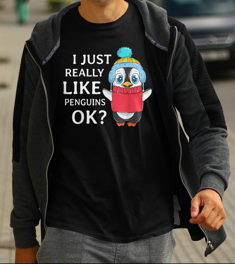 I Just Really Like Penguins Ok Cute Penguin In Winter Hat And Scarf T-Shirt