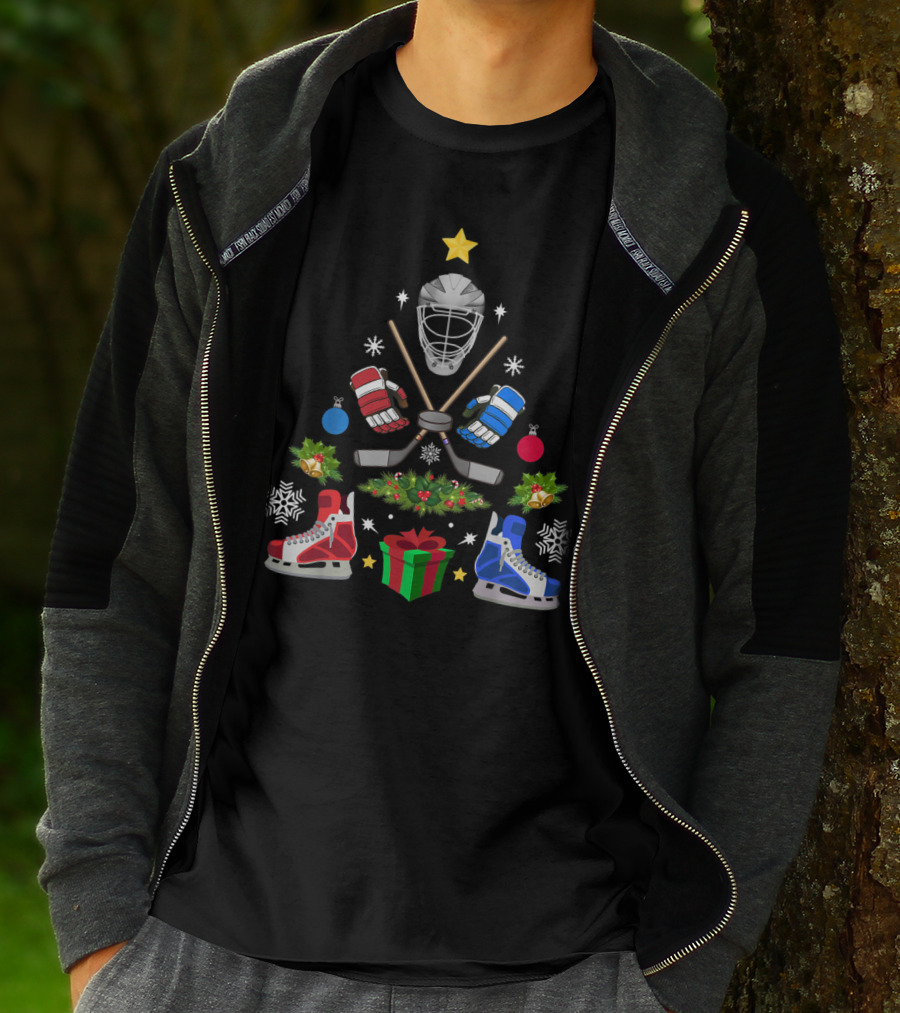 Ice Hockey Christmas Tree Ornaments With Helmets Skates And Sticks T-Shirt