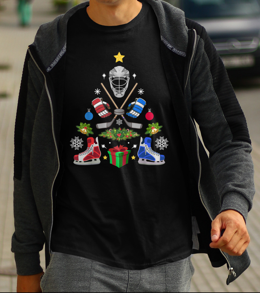 Ice Hockey Christmas Tree Ornaments With Helmets Skates And Sticks T-Shirt