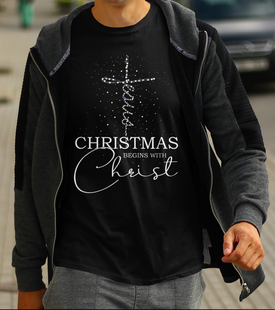Christ Begins Christmas With Jesus Cross Snow Christian T-Shirt