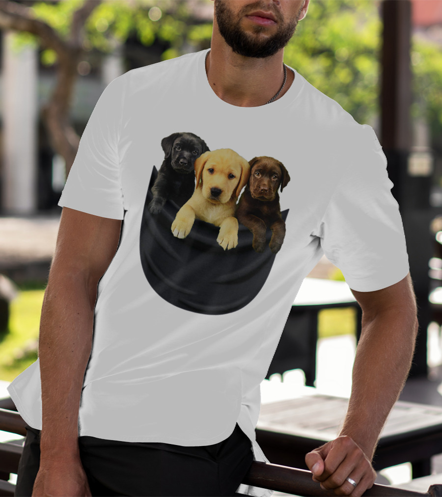 Labrador Retriever Puppy Trio In Big Black Pocket Dog T-Shirt