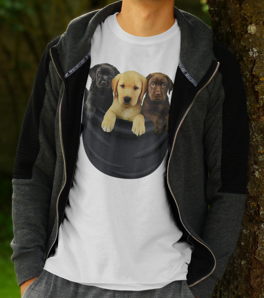 Labrador Retriever Puppy Trio In Big Black Pocket Dog T-Shirt