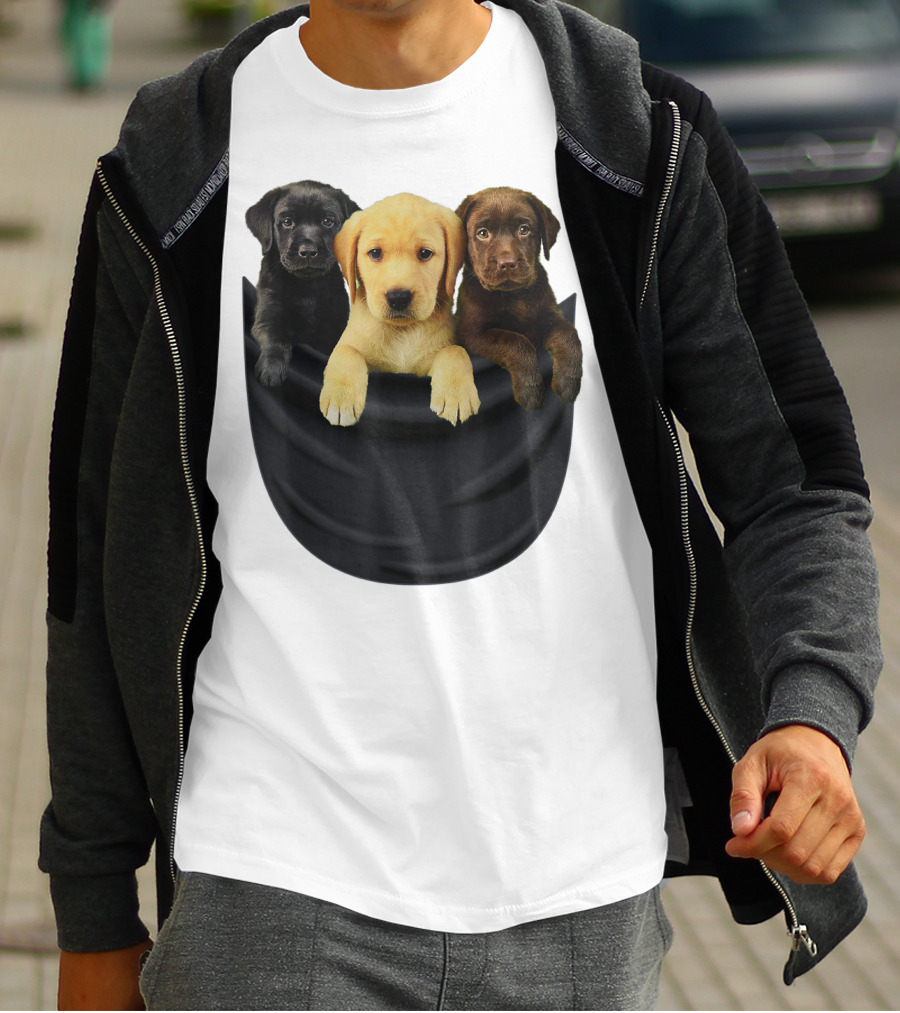 Labrador Retriever Puppy Trio In Big Black Pocket Dog T-Shirt