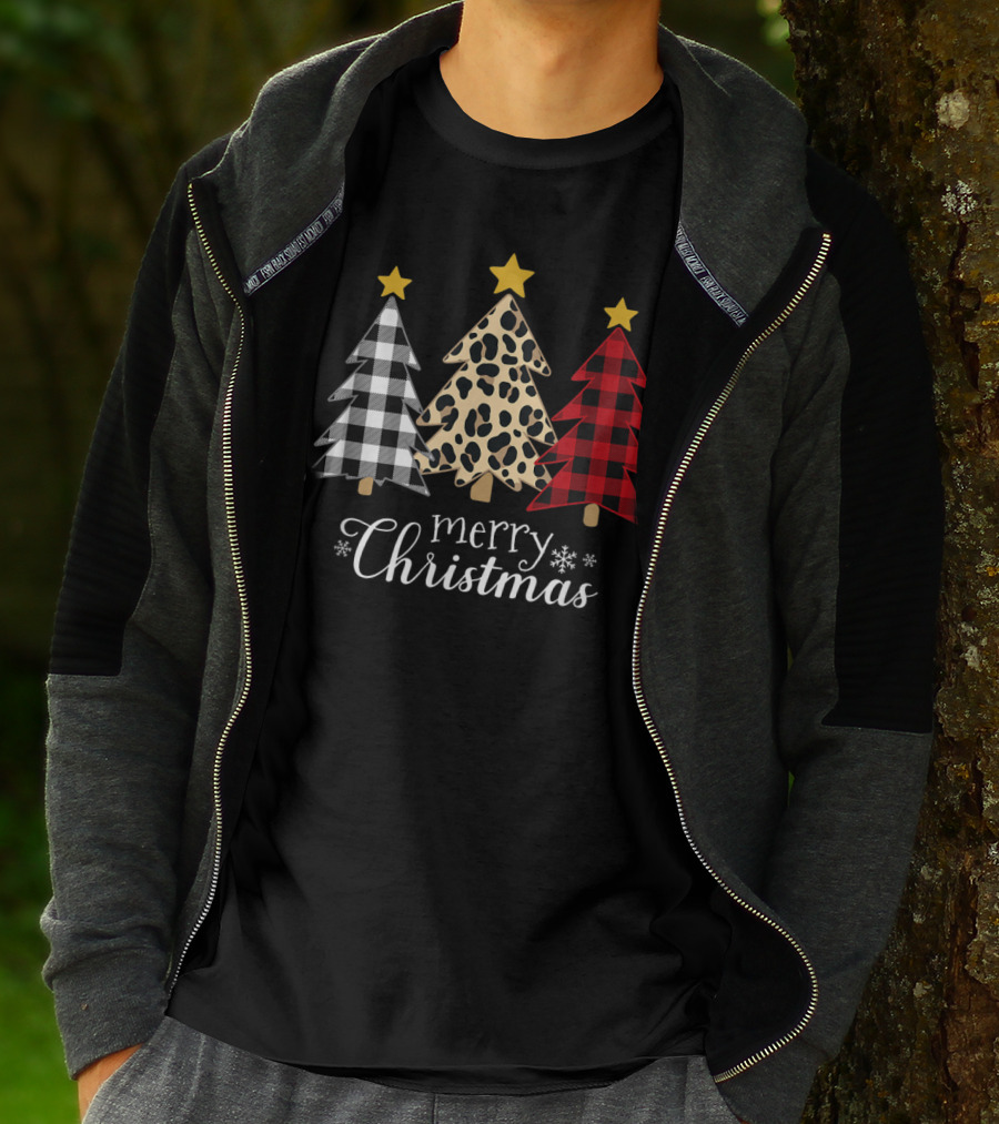 Merry Christmas Buffalo Plaid And Leopard Print Xmas Trees T-Shirt