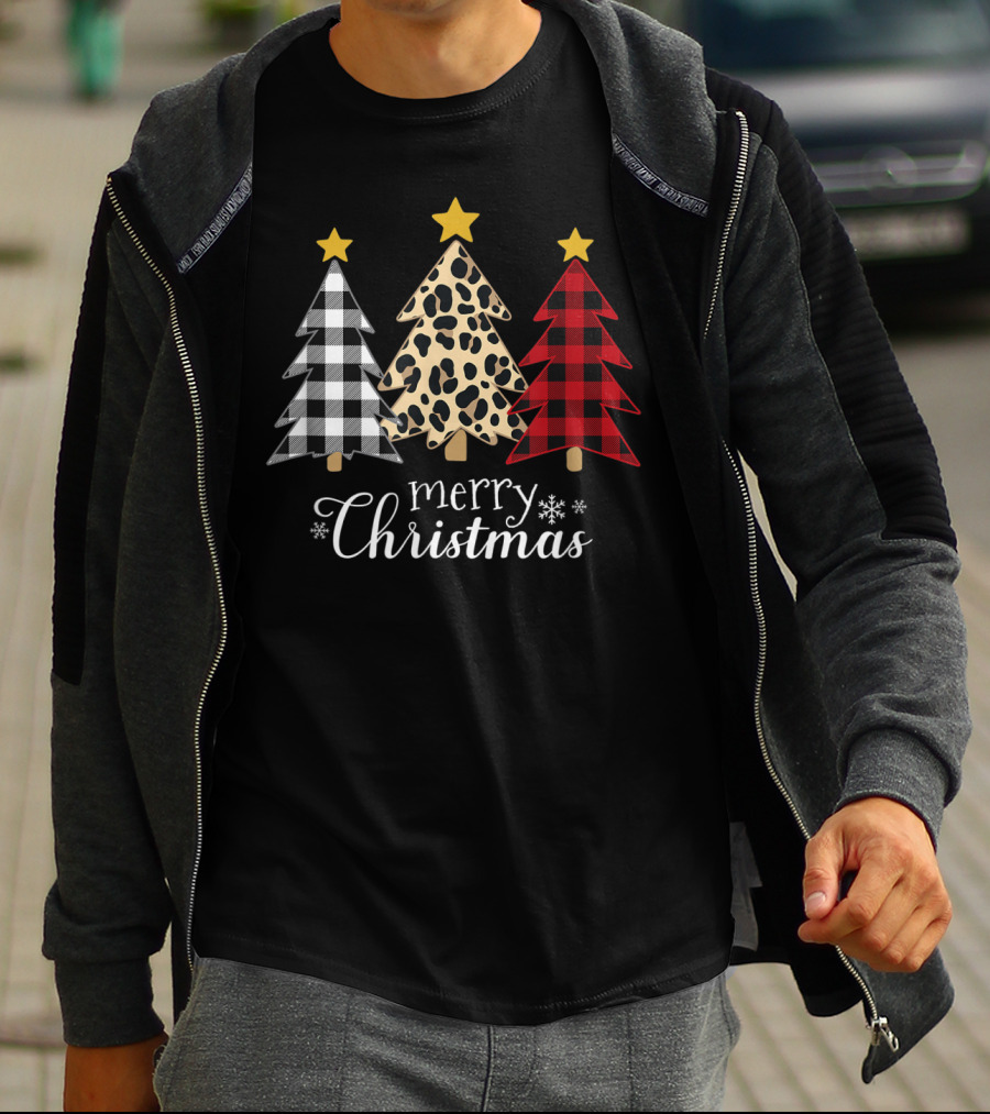 Merry Christmas Buffalo Plaid And Leopard Print Xmas Trees T-Shirt