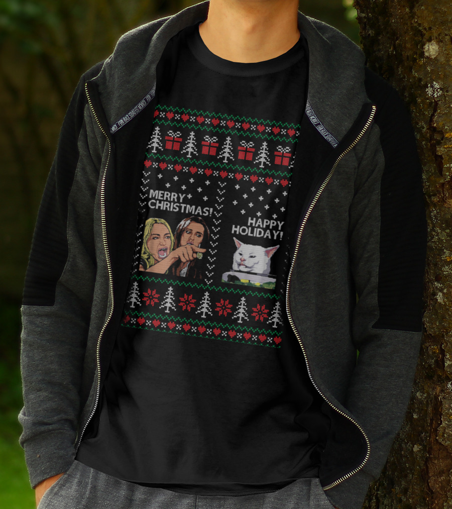 Merry Christmas Happy Holiday Woman Yelling Confused Cat Meme Christmas Trees Gifts Snowflakes T-Shirt