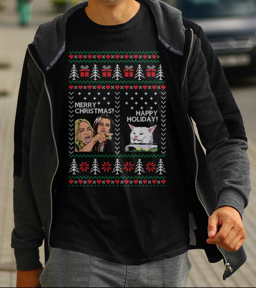 Merry Christmas Happy Holiday Woman Yelling Confused Cat Meme Christmas Trees Gifts Snowflakes T-Shirt