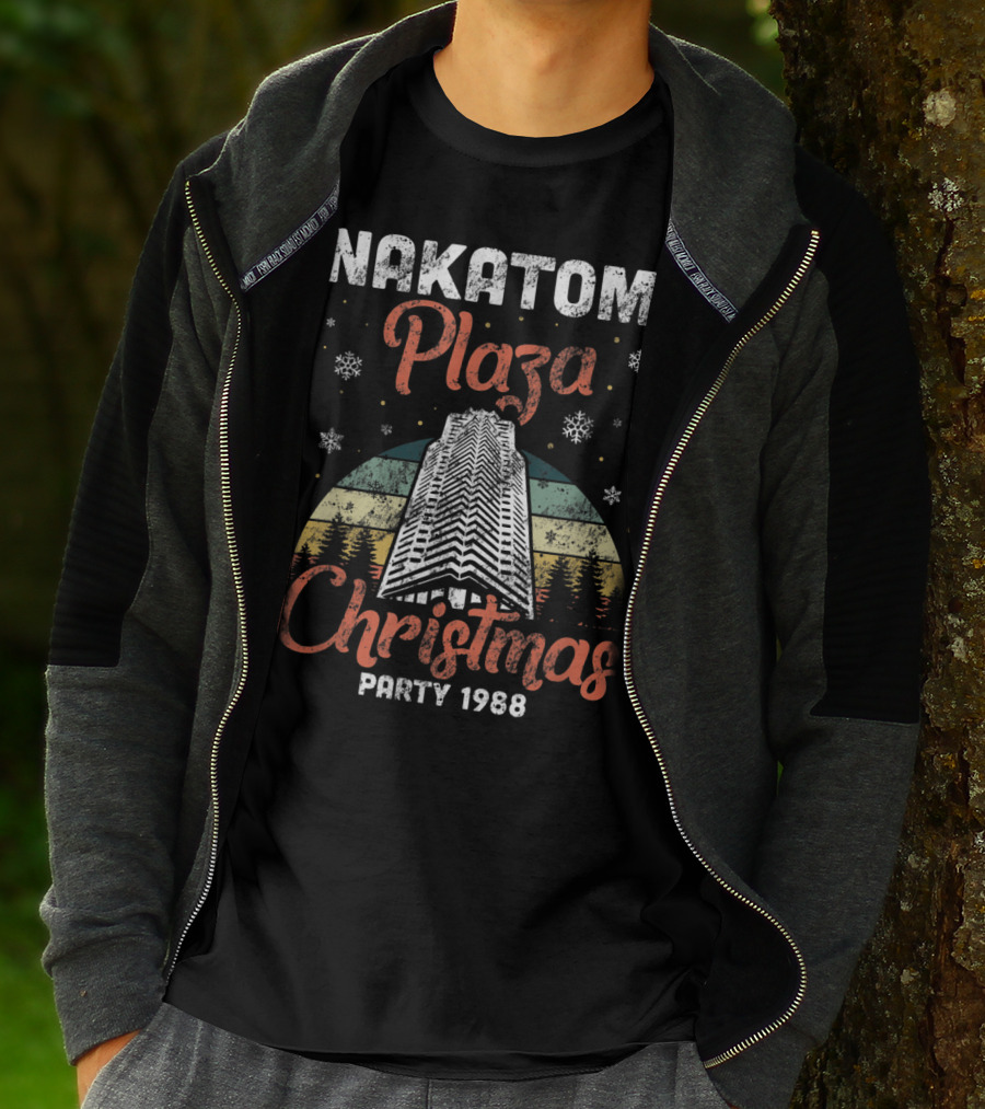 Nakatomi Plaza Christmas Party 1988 Holiday Retro Snowflakes Forest Scene T-Shirt