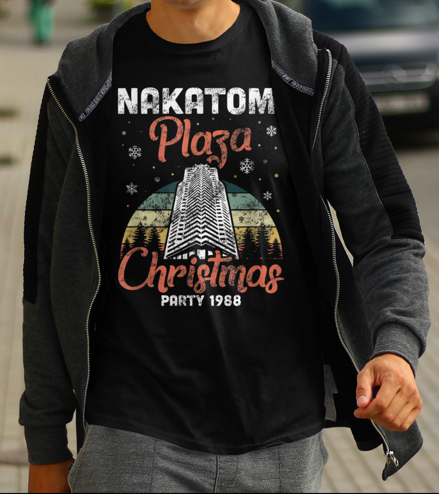 Nakatomi Plaza Christmas Party 1988 Holiday Retro Snowflakes Forest Scene T-Shirt