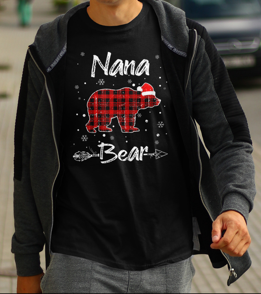 Nana Bear Christmas Red Plaid Santa Hat Snowflakes Arrow T-Shirt