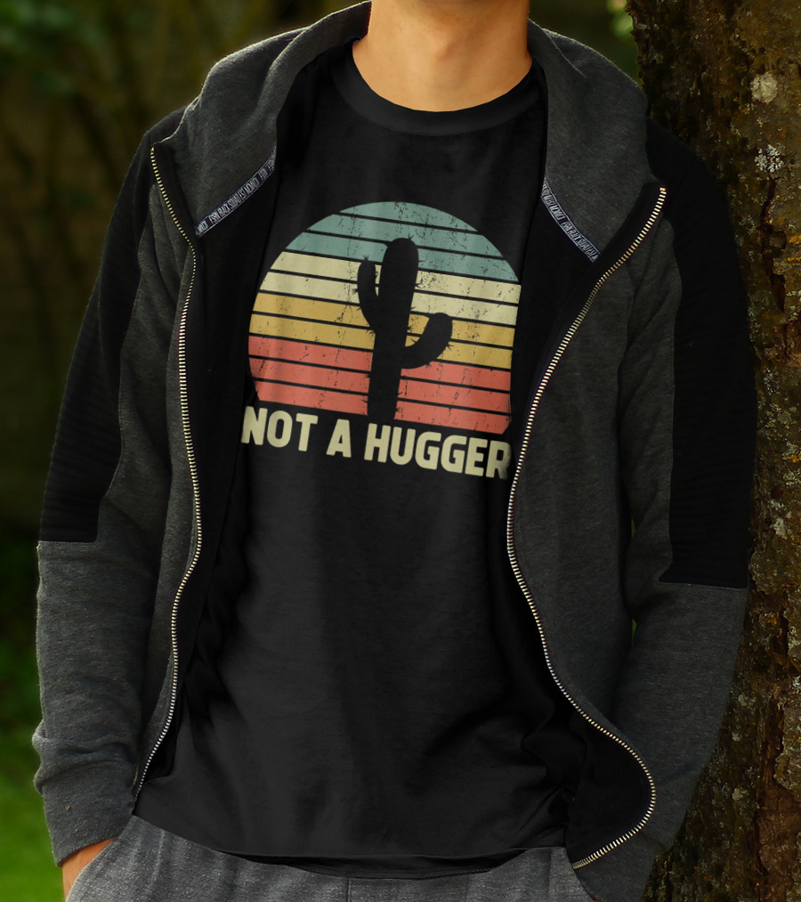 Not A Hugger Cactus Retro Sunset Sarcastic Introvert T-Shirt