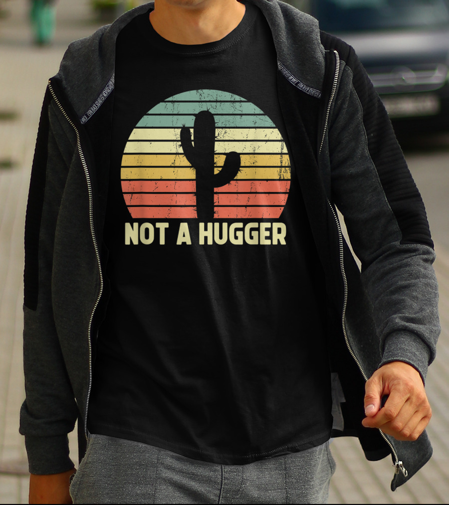 Not A Hugger Cactus Retro Sunset Sarcastic Introvert T-Shirt