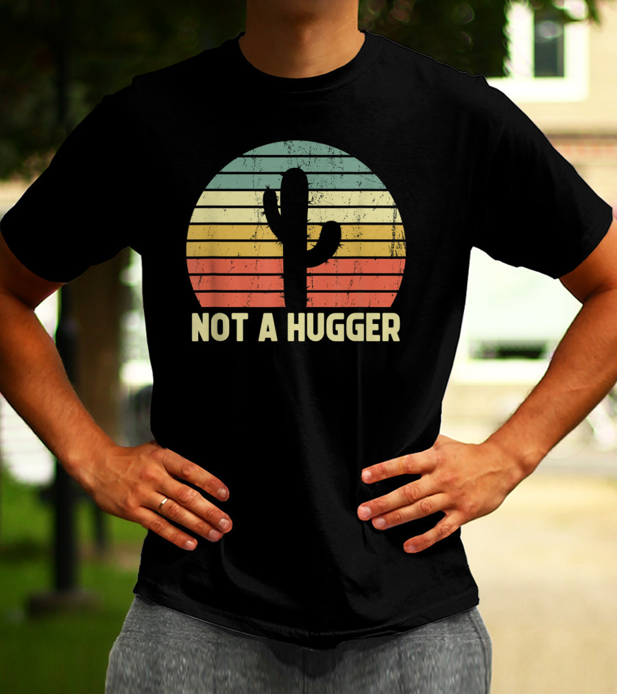 Not A Hugger Cactus Retro Sunset Sarcastic Introvert T-Shirt